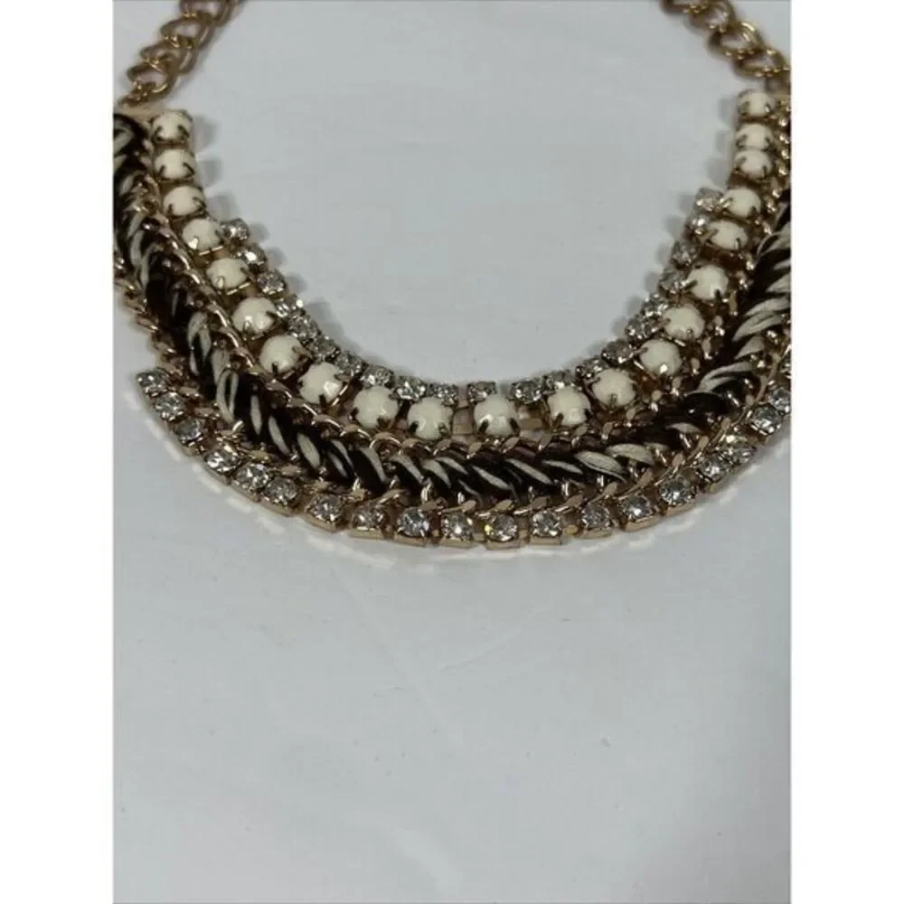 Ann Taylor‎ LOFT Women's Beige&Brown Ribbon Gold Link Crystal  Fan Necklace